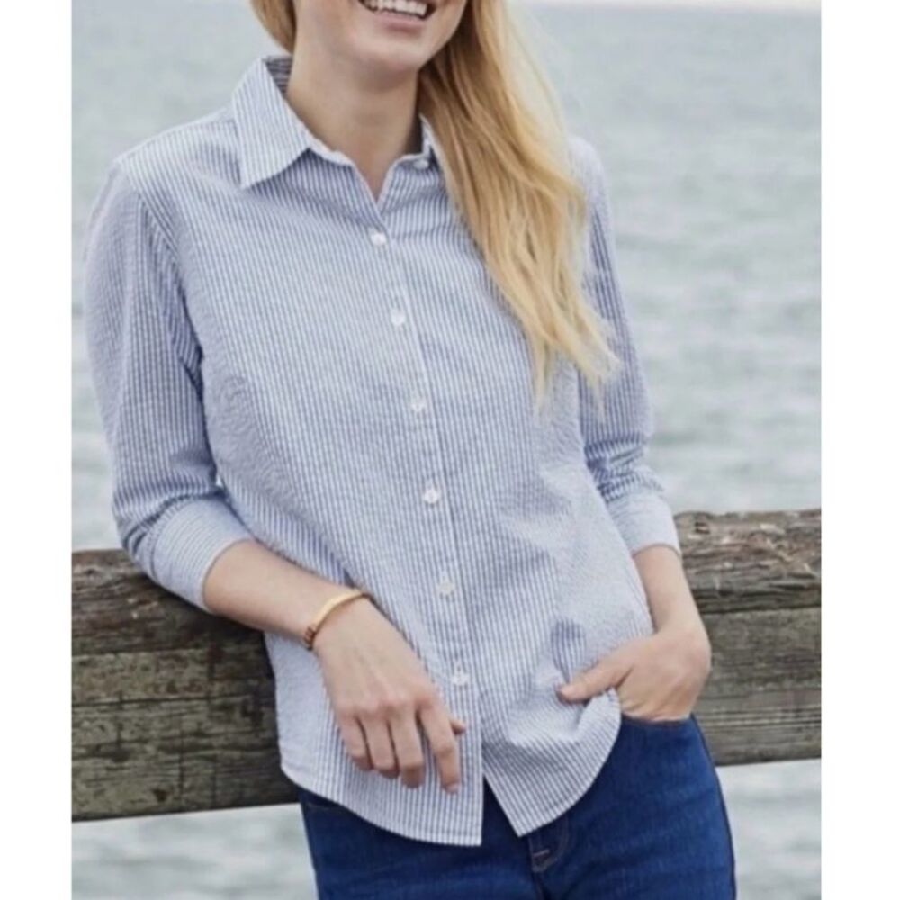LL Bean Vacationland Seersucker Button Up Shirt Womens XL Blue White 3/4 Sleeve